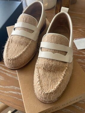 Kelsi Dagger Beige Haircalf Penny Loafers with Cream Trim